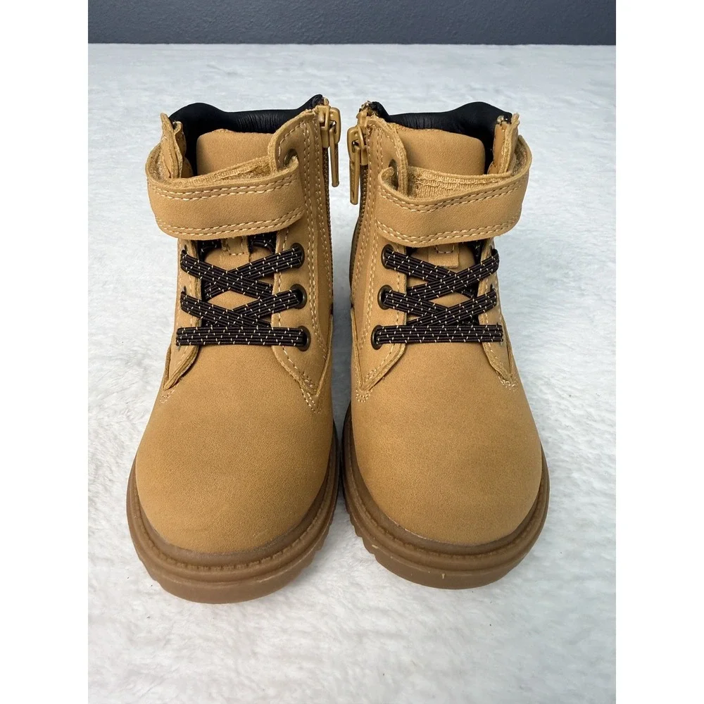 NEW Boys Tan Work Boots Trucker  Strap Side Zip Slip On Brown Kids 7 NWT